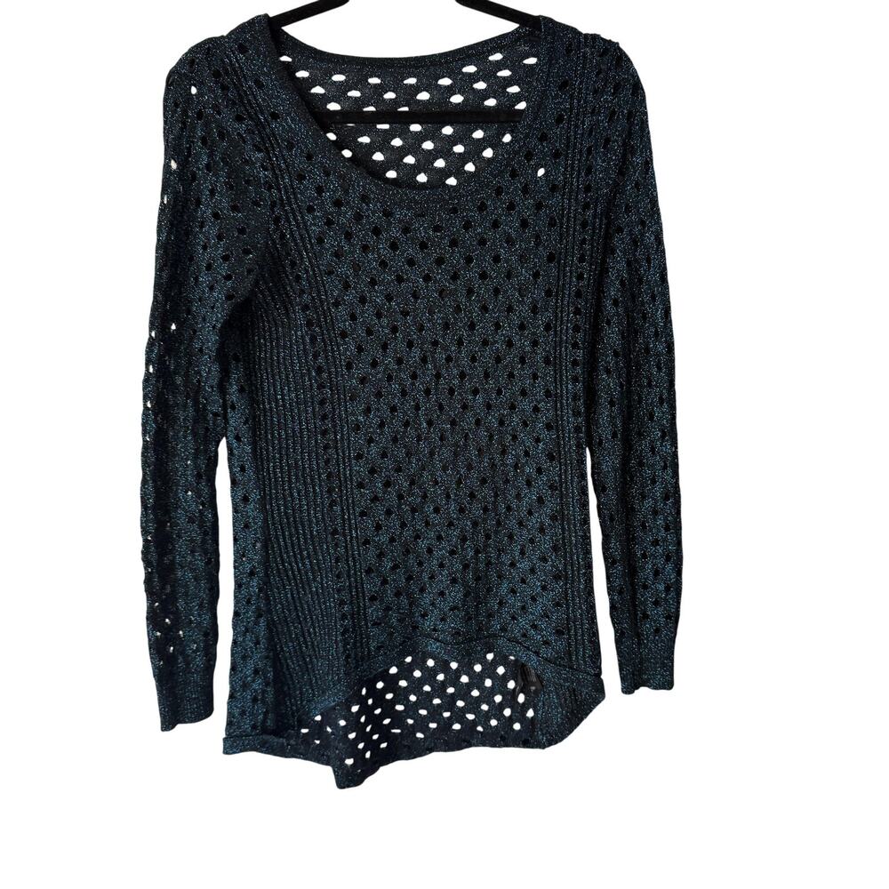 Metallic Knit Sweater Medium Blue Black Long Sleeve Open Knit‎ Pullover Grunge